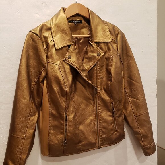 Baccini Bronze Gold Faux Leather Moto Biker Jacket Womens Large - Picture 1 of 10